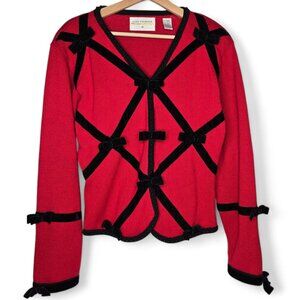 Vintage Lisa Nichols Knitted Cardigan Women's Velvet Strip Beaded Bow Accents M